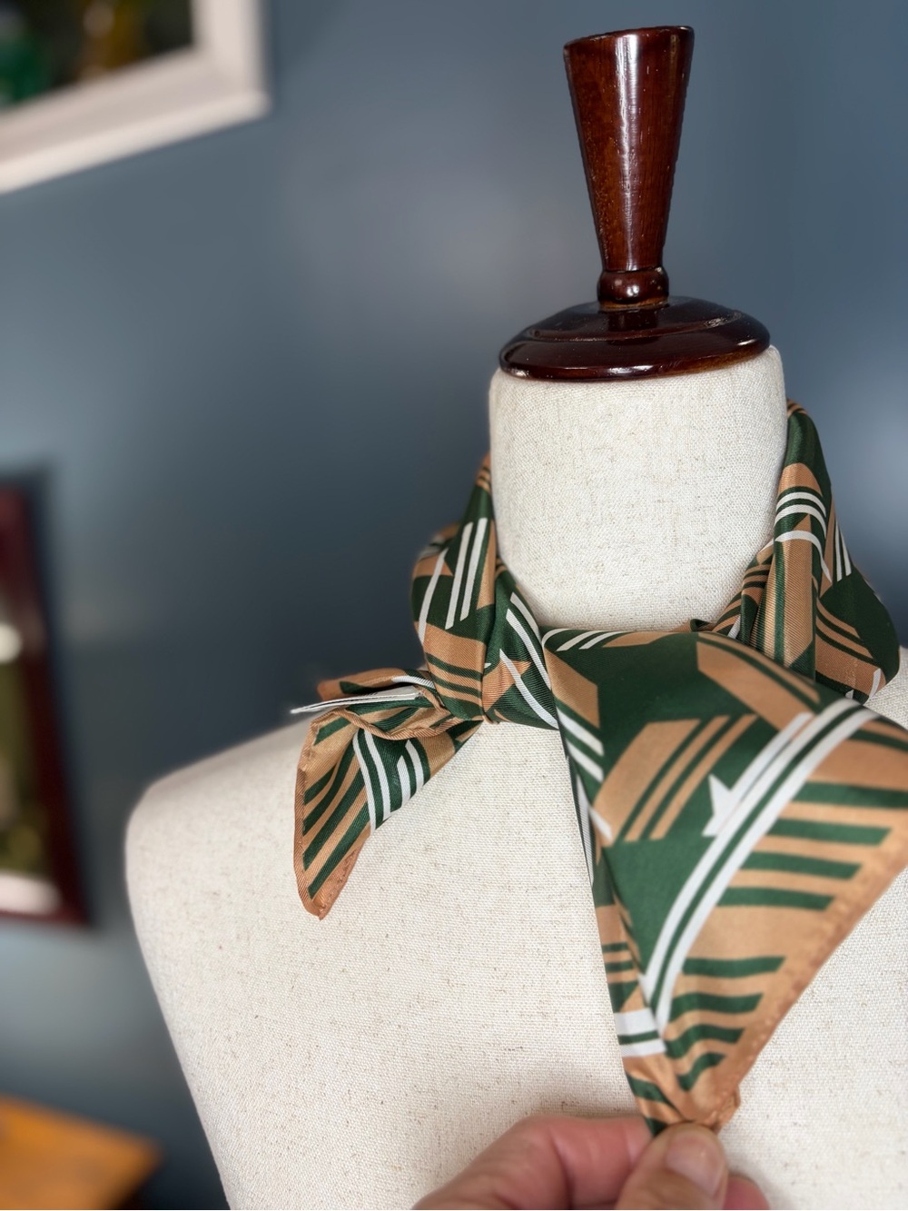 Green and Tan Geometric Silk Scarf - Women's Neck Wrap
